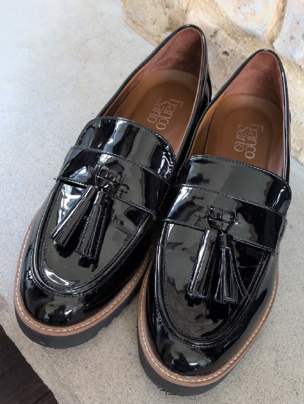 FRANCO SARTO I Faux Black Patent Leather Franco Carolynn Tassel Loafer Shoes, 10 - Picture 4 of 14
